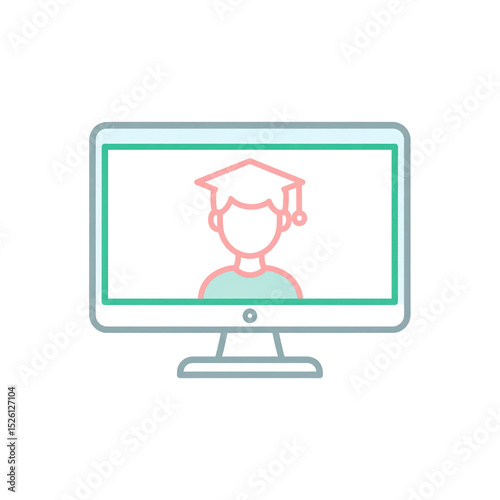 Online education concept with a computer monitor displaying a student wearing a graduation cap, symbolizing virtual learning or e-learning