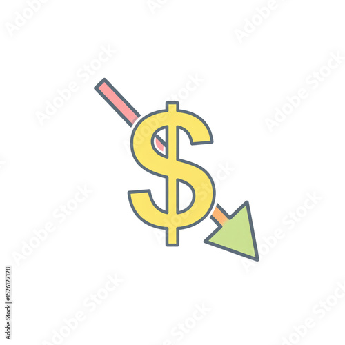 Yellow dollar sign with a green downward arrow behind it, symbolizing a decrease in value or financial decline on a white background