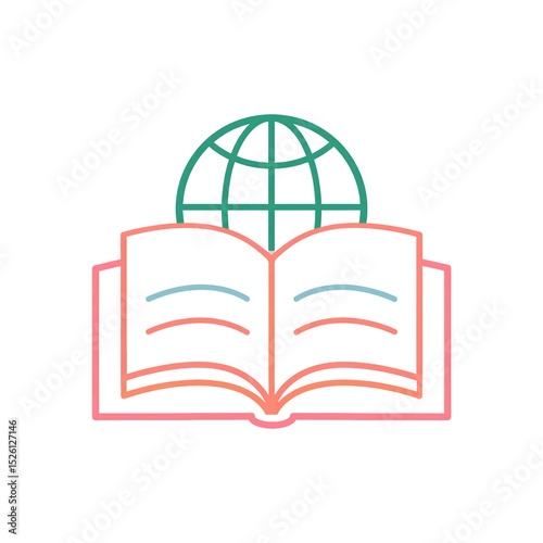Open book with globe icon symbolizes global education, knowledge sharing, and worldwide learning opportunities in a clean, minimalistic design with gradient colors