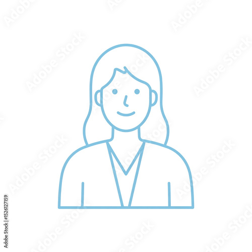 Simple blue line drawing of a smiling woman with long hair, wearing a V-neck top, on a white background