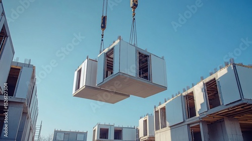 Modern construction site showcasing modular construction with a clear blue sky