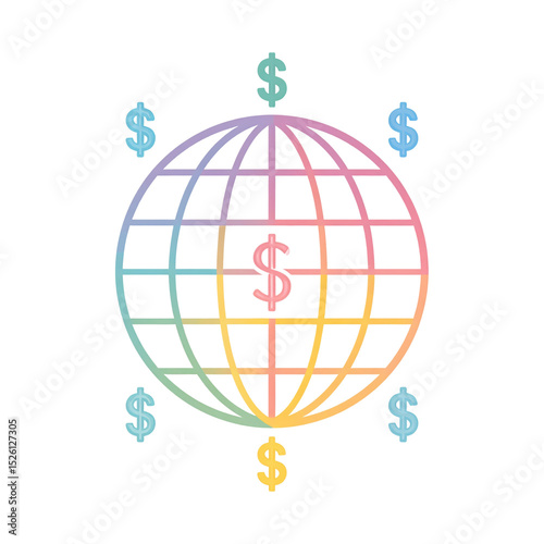 Globe icon with dollar signs surrounding it, representing global finance, international trade, or worldwide economic connectivity in a colorful gradient style