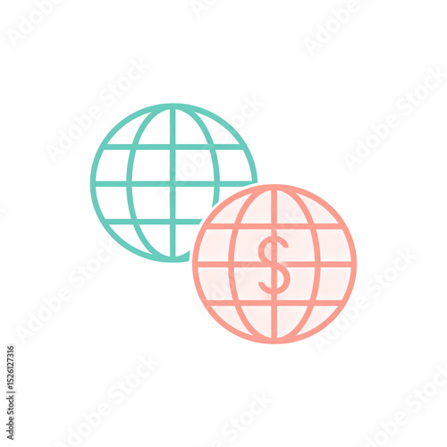 Two stylized globe icons, one with a dollar sign overlay, representing global finance or international business concepts on a white background