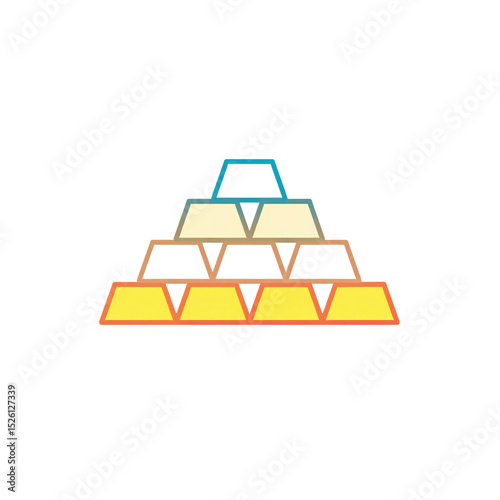 A simple pyramid stack of gold bars in different shades, outlined in varying colors, set against a white background