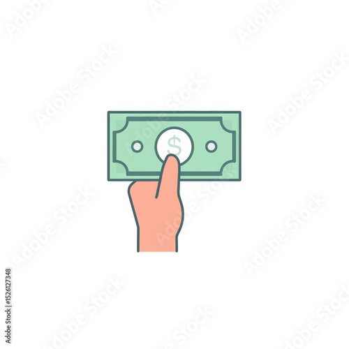 Hand holding a green dollar bill with a dollar sign in the center, symbolizing money, payment, or financial transaction with a simple flat design