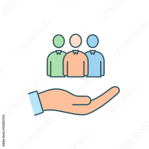 A hand supporting three simplified human figures in different colors, symbolizing care, support, teamwork, and community in a minimalist design