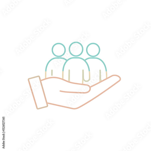 Hand holding three simplified human figures, symbolizing support, community, or care in a minimalistic and pastel color style on a white background