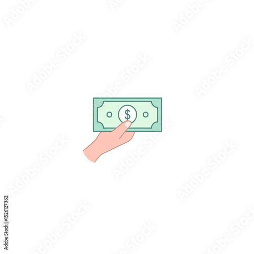A hand holding a green dollar bill with a dollar sign symbol in the center on a plain white background