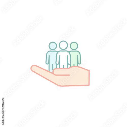 A hand icon supporting three simplified human figures representing care, support, community, or teamwork in a minimalistic style on a white background
