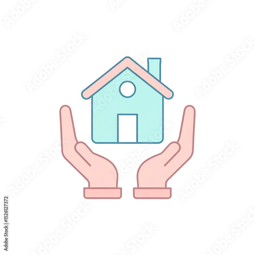 Two hands gently holding a small house icon, symbolizing home protection, care, or real estate security in soft pastel colors