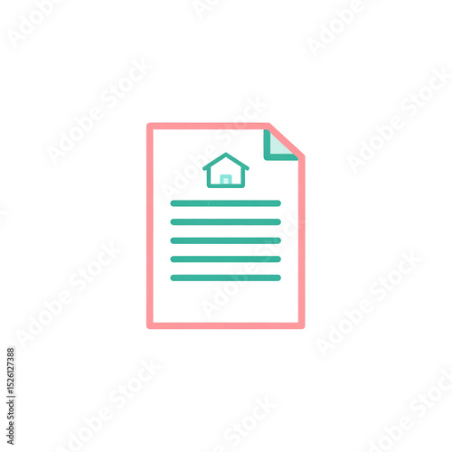 Minimalist icon of a document with a house symbol and text lines, outlined in pink and teal, on a white background representing real estate or property paperwork