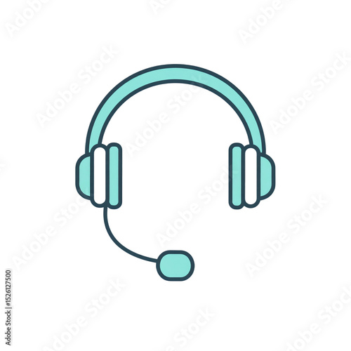 Minimalist illustration of a turquoise headset with a microphone, symbolizing communication and customer support on a white background photo