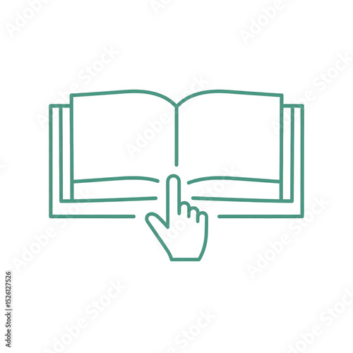 Outline of an open book with a hand icon pointing to the middle, symbolizing reading or selecting text from a book in a minimalistic line art style