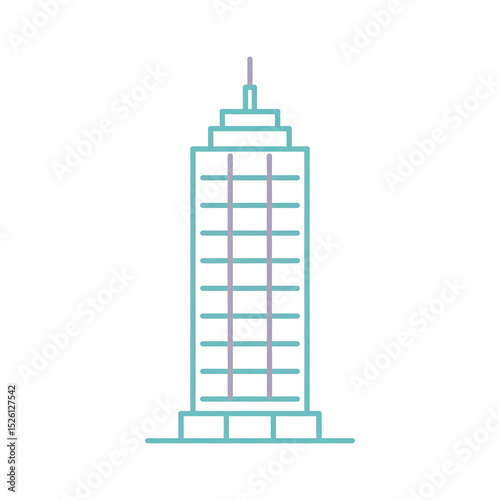 Minimalist line drawing of a tall, multi-story skyscraper with a stepped top and antenna on a white background