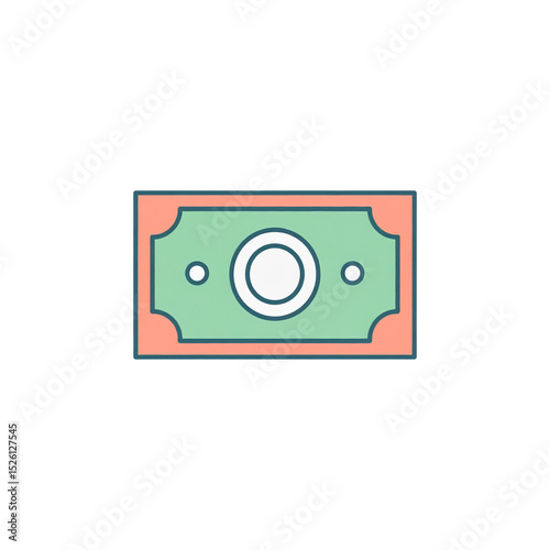 Minimalist icon of a stylized banknote with a green center and coral border on a white background, representing money or currency in a simple graphic style