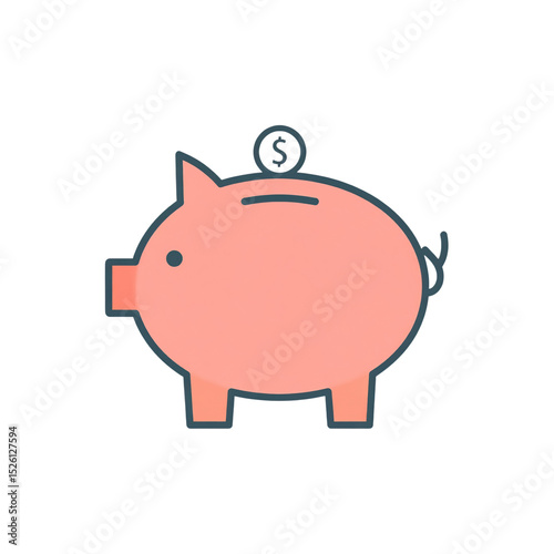 Pink piggy bank with a dollar coin being inserted, symbolizing saving money or financial security in a simple, minimalist style on a white background