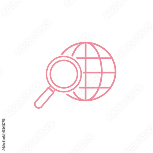 A pink magnifying glass icon overlapping a globe with latitude and longitude lines on a white background, symbolizing global search or internet exploration