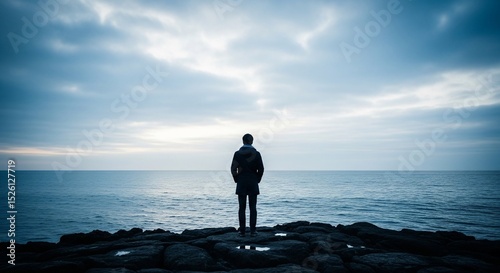 Solitary figure contemplates the vast ocean under a cloudy, expansive sky