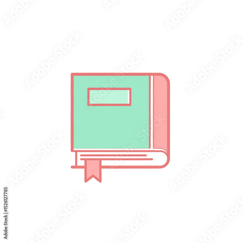 A pastel-colored illustration of a closed book with a bookmark, featuring a mint green cover and pink spine, set against a plain white background