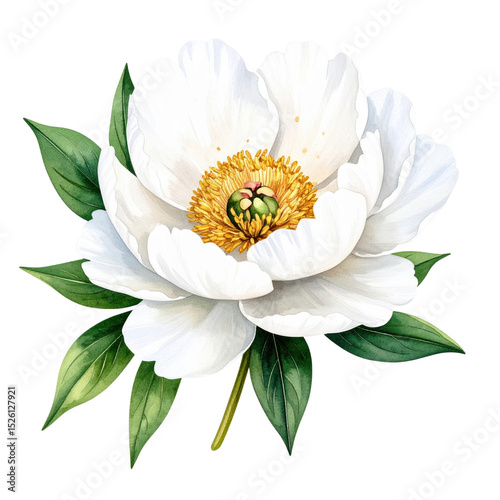 White peony flower with lush green leaves, showcasing delicate petals and a vibrant yellow center, presented in a detailed botanical illustration style