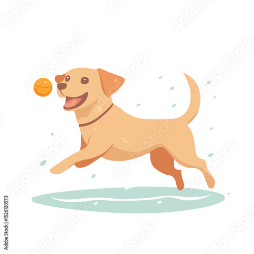 2D flat vector illustration of Dog Playing Fetch Beach, isolated on a white background.