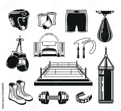 Boxing items mixed martial art minimalist black design set isometric vector illustration