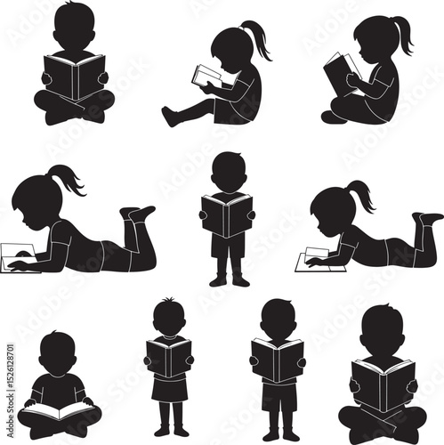 Silhouettes of young children joyfully engaged in reading books in various positions vector