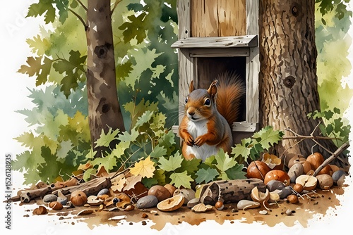 Squirrel peering into a natural nut storage site amidst leaves in watercolor style photo