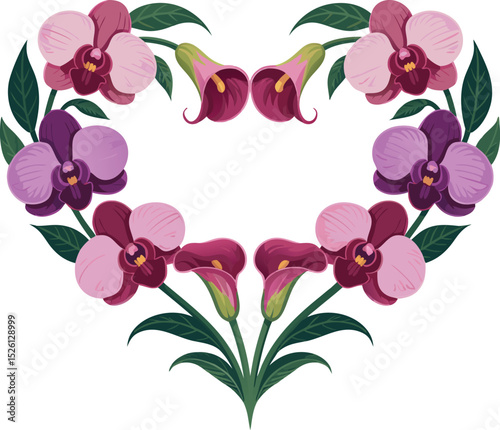 heart shape crafted from blooming orchid and calla lily