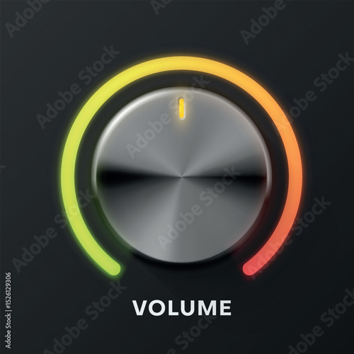 Volume setting control round metallic button with illumination realistic vector illustration