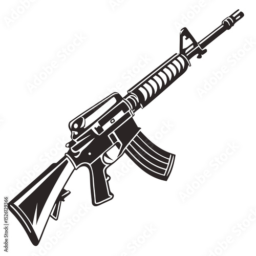Assault Rifle Graphic: A detailed graphic illustration of an assault rifle, showcasing its features and design in a clear, black-and-white style.