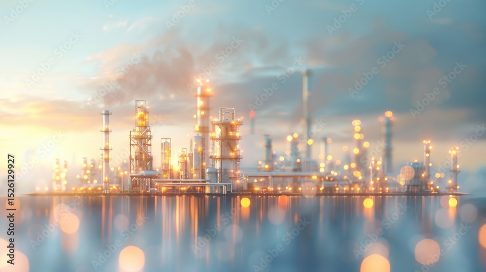 Fototapeta premium Industrial cityscape at dusk oil refinery digital art urban environment aerial view energy and progress