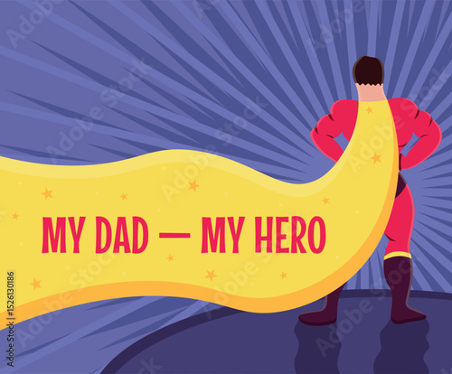 Happy Father's Day flat vector illustration, father wearing superhero costume Father's Day illustration