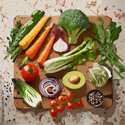 A fresh vector set of nutritious vegetables and whole food ingredients neatly arranged on rustic wooden chopping boards, ideal for clean eating, recipe, or wellness concepts.