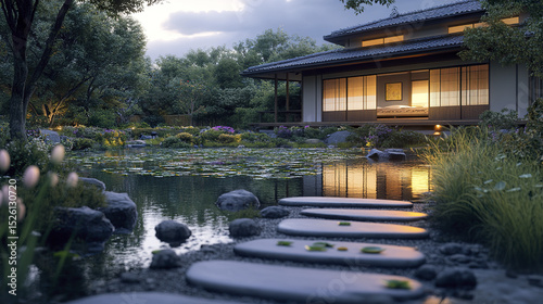 serene traditional Japanese house overlooking tranquil lily pond, surrounded by lush greenery