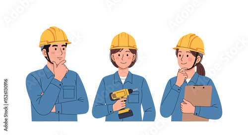 Set of Flat vector illustration of skilled mechanics: a man  and two women in work uniforms thoughtfully analyzing. Perfect for representing maintenance and problem-solving