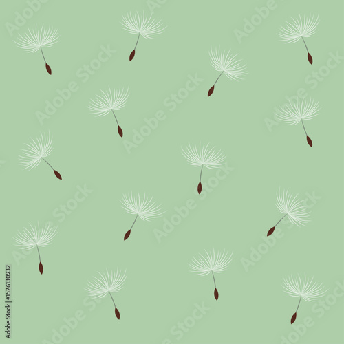 Floral green background seamless pattern white with dandelion fluff silhouette. Beautiful nature backdrop. Trendy stylish wallpaper. Vector illustration.
