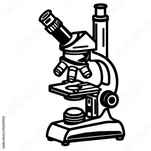 Hand-Drawn Style Microscope Illustration. A detailed black and white illustration of a classic laboratory microscope, rendered in a distinctive hand-drawn or sketch style