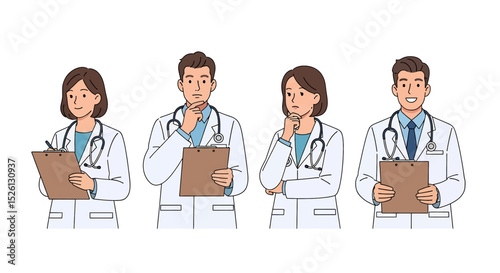 Set of flat vector illustration of a diverse medical team: a male doctor writing on a clipboard, and two female doctors. Represents healthcare professionals in consultation