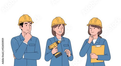 Set of Flat vector illustration of skilled mechanics: a man  and two women in work uniforms thoughtfully analyzing. Perfect for representing maintenance and problem-solving