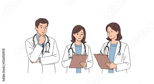 Set of flat vector illustration of a diverse medical team: a male doctor writing on a clipboard, and two female doctors. Represents healthcare professionals in consultation