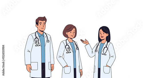 Set of flat vector illustration of a diverse medical team: a male doctor writing on a clipboard, and two female doctors. Represents healthcare professionals in consultation