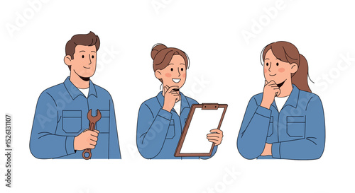 Set of Flat vector illustration of skilled mechanics: a man  and two women in work uniforms thoughtfully analyzing. Perfect for representing maintenance and problem-solving