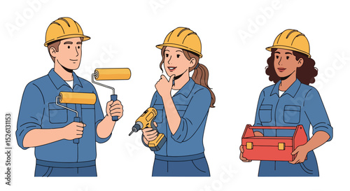 Adobe Illustrator Artwork Dynamic flat vector illustration of a diverse construction worker team.  Emphasizes skilled labor and teamwork