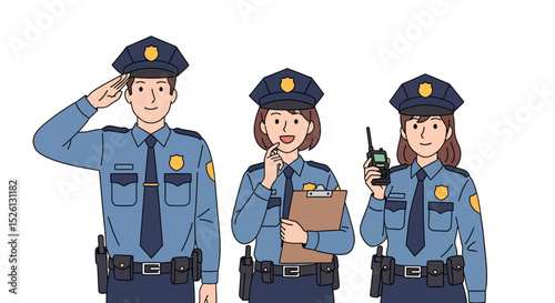 Flat vector illustration of a diverse police officer team with various pose and gesture. Represents law enforcement professionals
