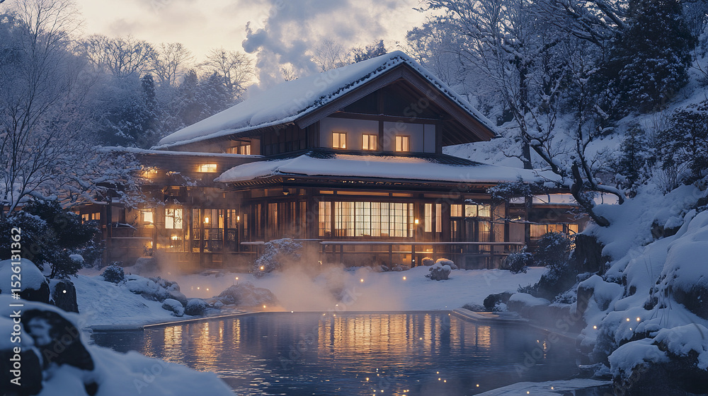 Fototapeta premium serene winter evening traditional Japanese house surrounded by snow, creating peaceful