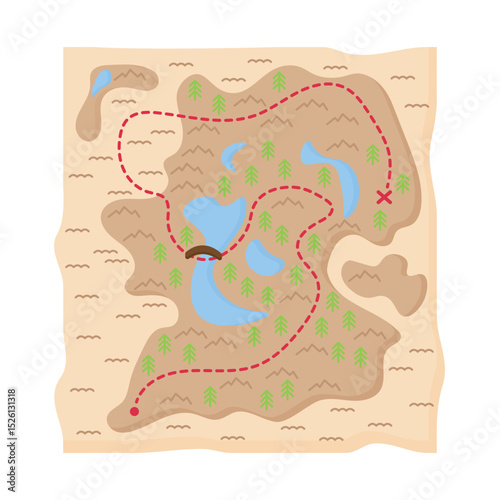 Treasure map flat vector illustration. Cartoon treasure map. Adventure concept