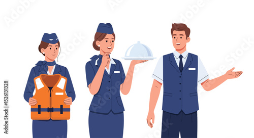 Adobe Illustrator Artwork Engaging flat vector illustration of airline crew, stewardess, steward, and pilot. Exemplifies service and safety