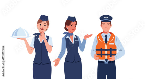 Adobe Illustrator Artwork Engaging flat vector illustration of airline crew, stewardess, steward, and pilot. Exemplifies service and safety