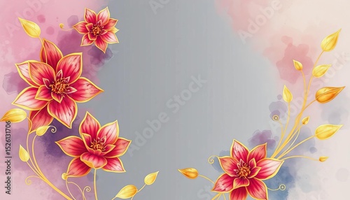 Golden line art floral watercolor background, organic shapes, luxury invitation,  floral,  botanical